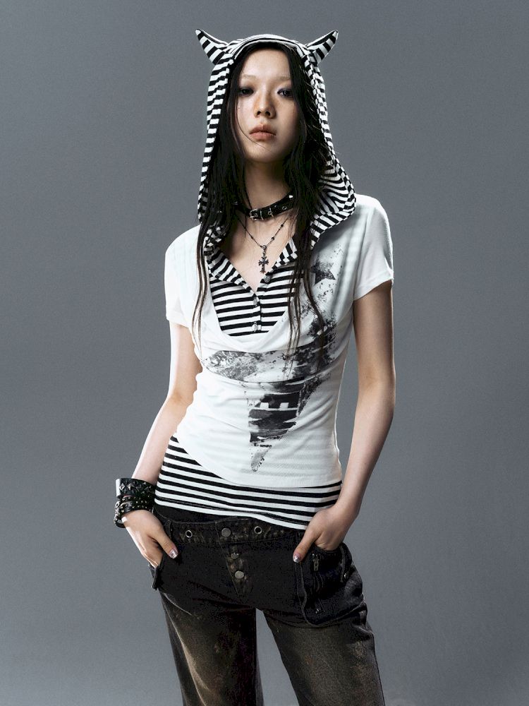 Swing Neck Striped Short Sleeve T-Shirt【s0000012807】