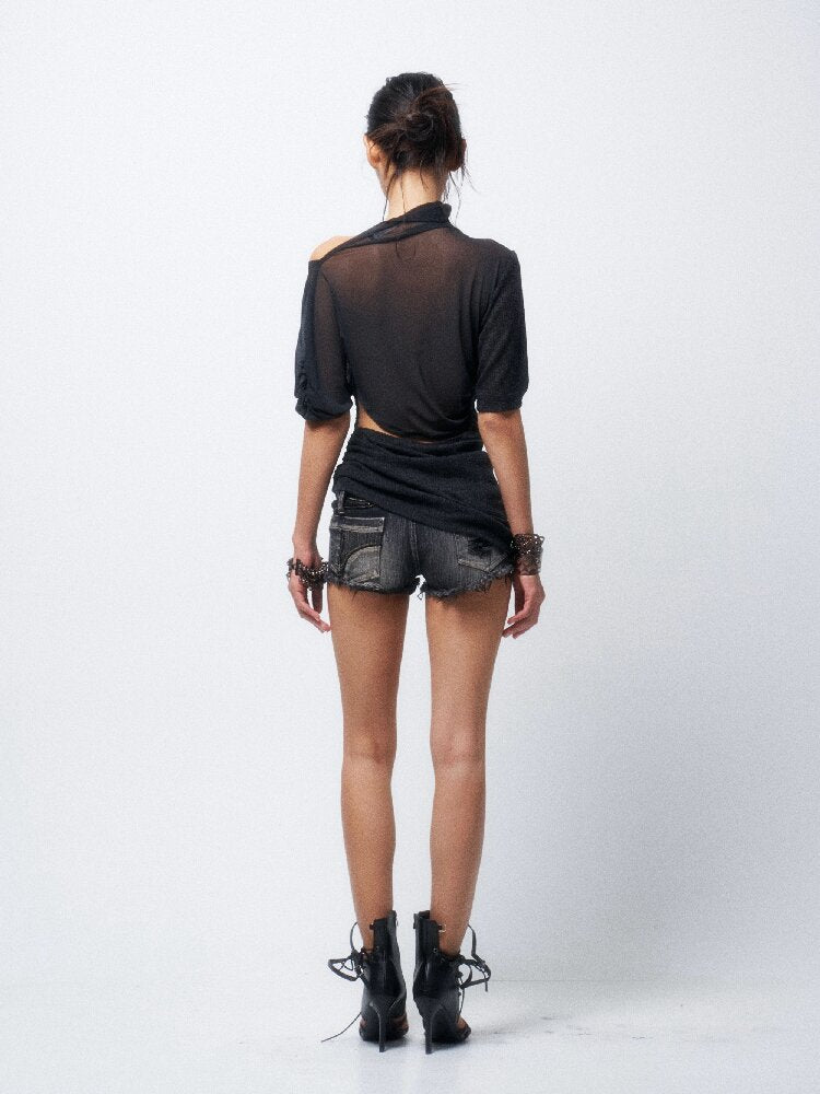 Washed Distressed Raw Denim Shorts【s0000016292】