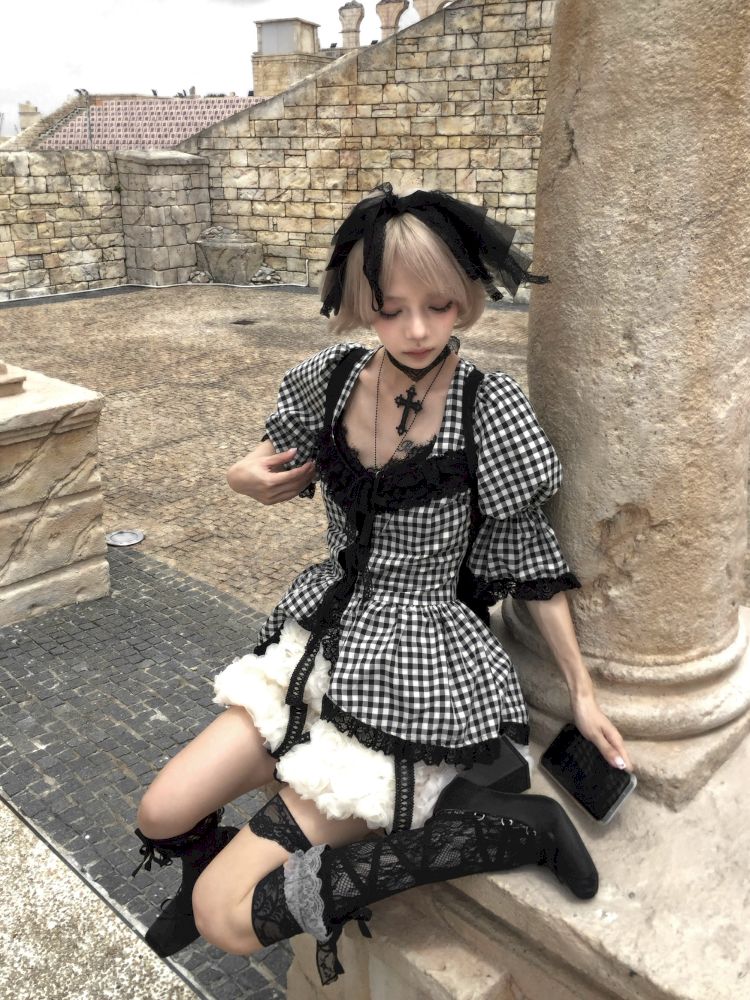 Plaid Lace Tie Bubble Sleeve Rose Set【s0000012437】