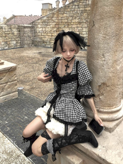 Plaid Lace Tie Bubble Sleeve Rose Set【s0000012437】