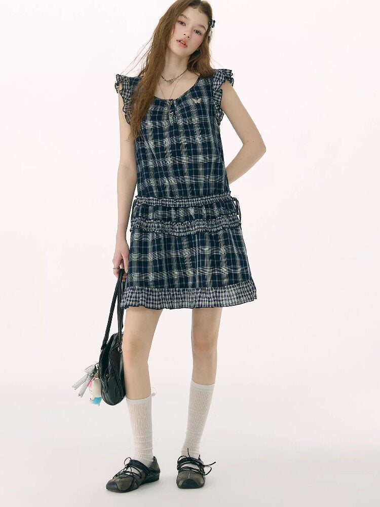 Spliced Plaid Flying Sleeve Dress【s0000016844】