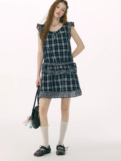 Spliced Plaid Flying Sleeve Dress【s0000016844】