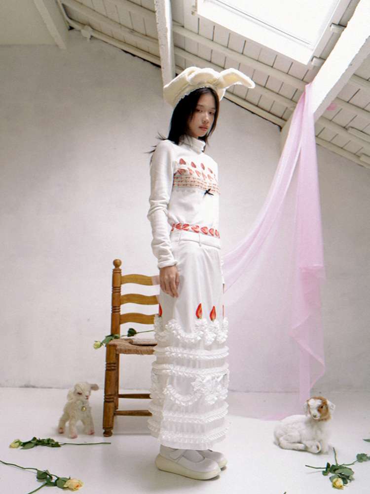 Cream Strawberry Cake Print Pencil Skirt【s0000014531】