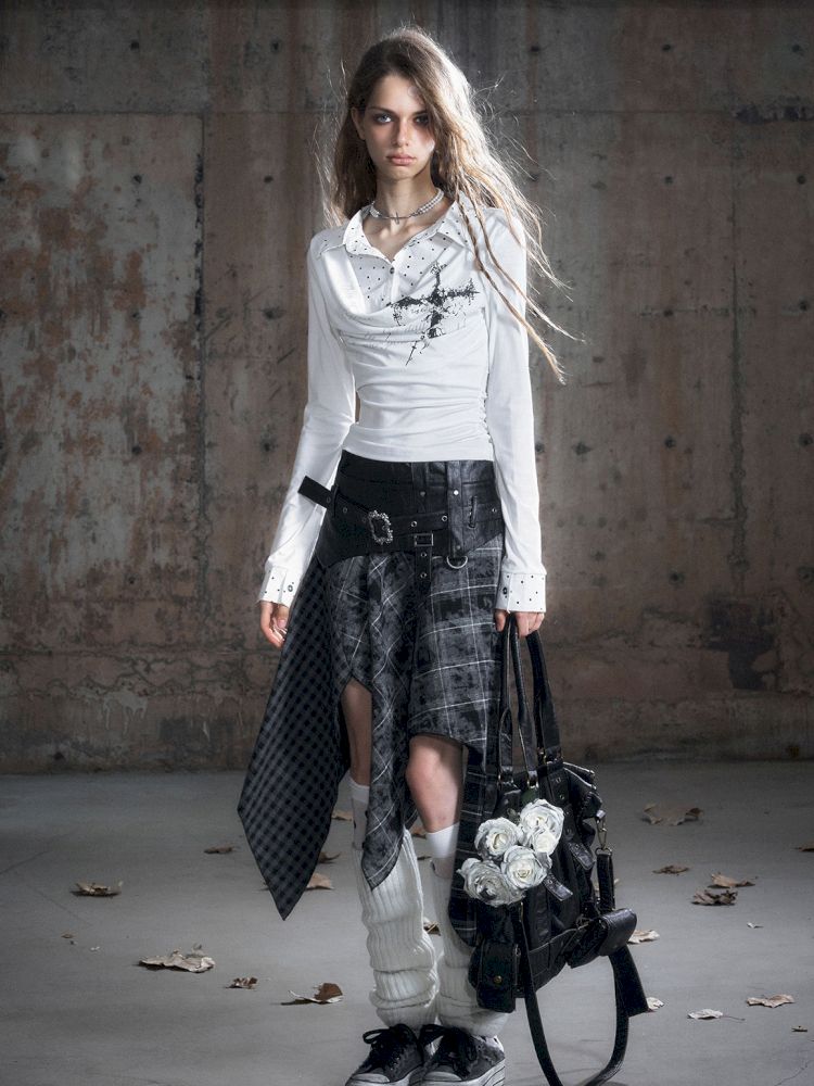 Plaid Tie-Dye Black Swing Neck Long Sleeve Blouse【s0000013887】