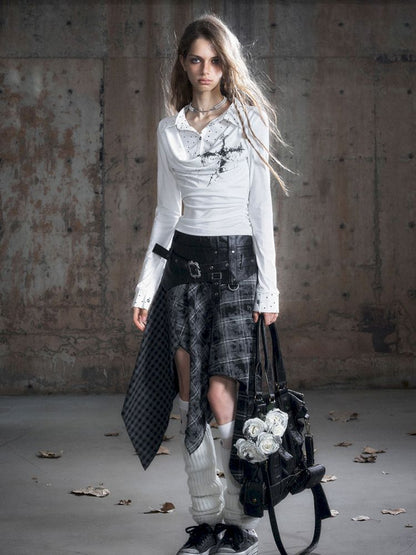 Plaid Tie-Dye Black Swing Neck Long Sleeve Blouse【s0000013887】