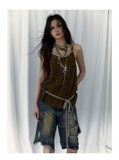 Slouchy Old Hollowed Out Loose Flocked Lace Vest [s0000008134]