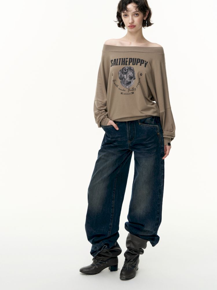 Puppy Printed Slant Shoulder Long Sleeve T-Shirt【s0000013744】