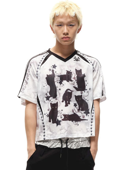 Black cat print shoulder sleeve t-shirt【s0000012586】