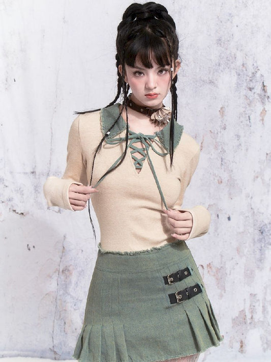 Beige Knit Patchwork Denim Pleated Dress【s0000005311】