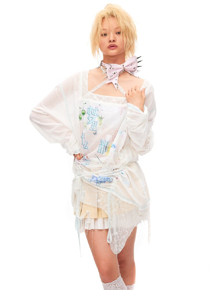 Dream Print Lace Drawstring Top【s0000016491】