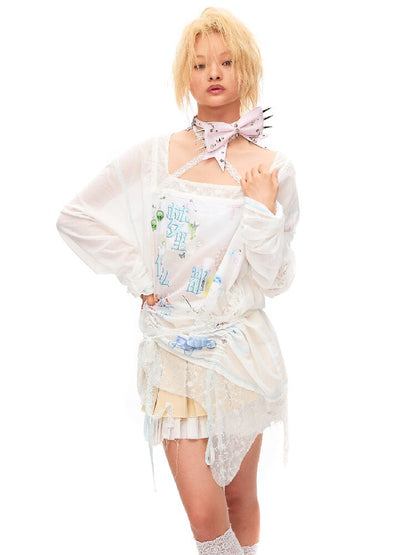 Dream Print Lace Drawstring Top【s0000016491】