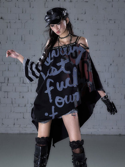 Asymmetrical Striped Webbing T-shirt【s0000015938】
