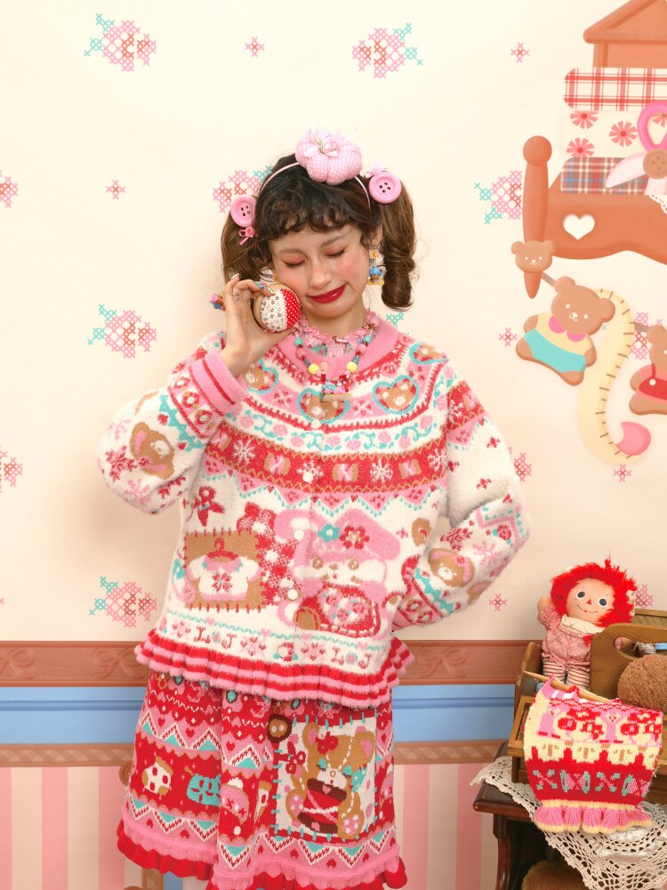 Red Pink Mink Wool Rabbit Cardigan【s0000015572】