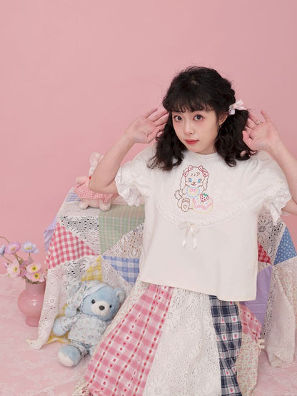 Lace Ribbon Bubble Sleeve T-Shirt【s0000012014】