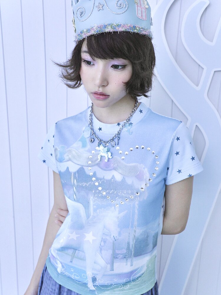 Rhinestone Unicorn Stitching Tee【s0000017132】