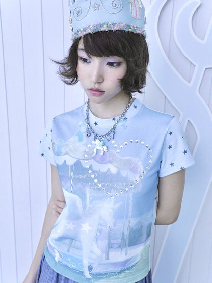 Rhinestone Unicorn Stitching Tee【s0000017132】