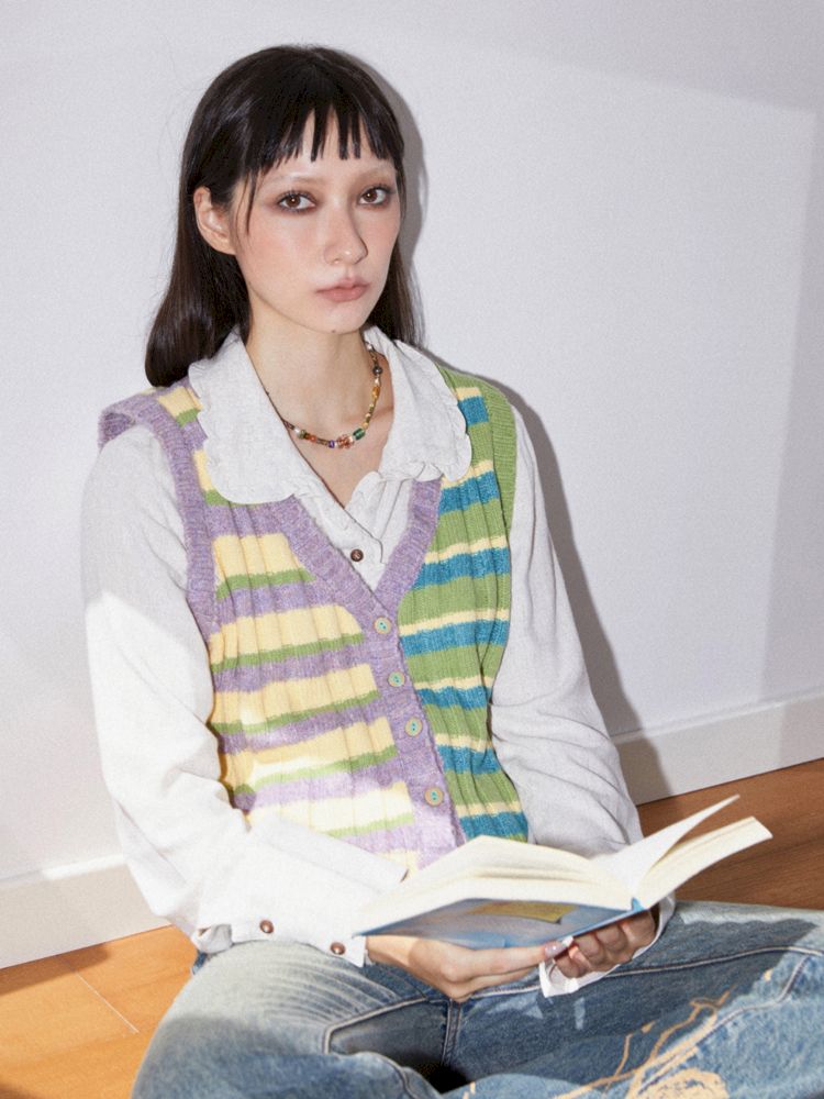 Striped Layered Knit Cardigan Vest [S0000010103]