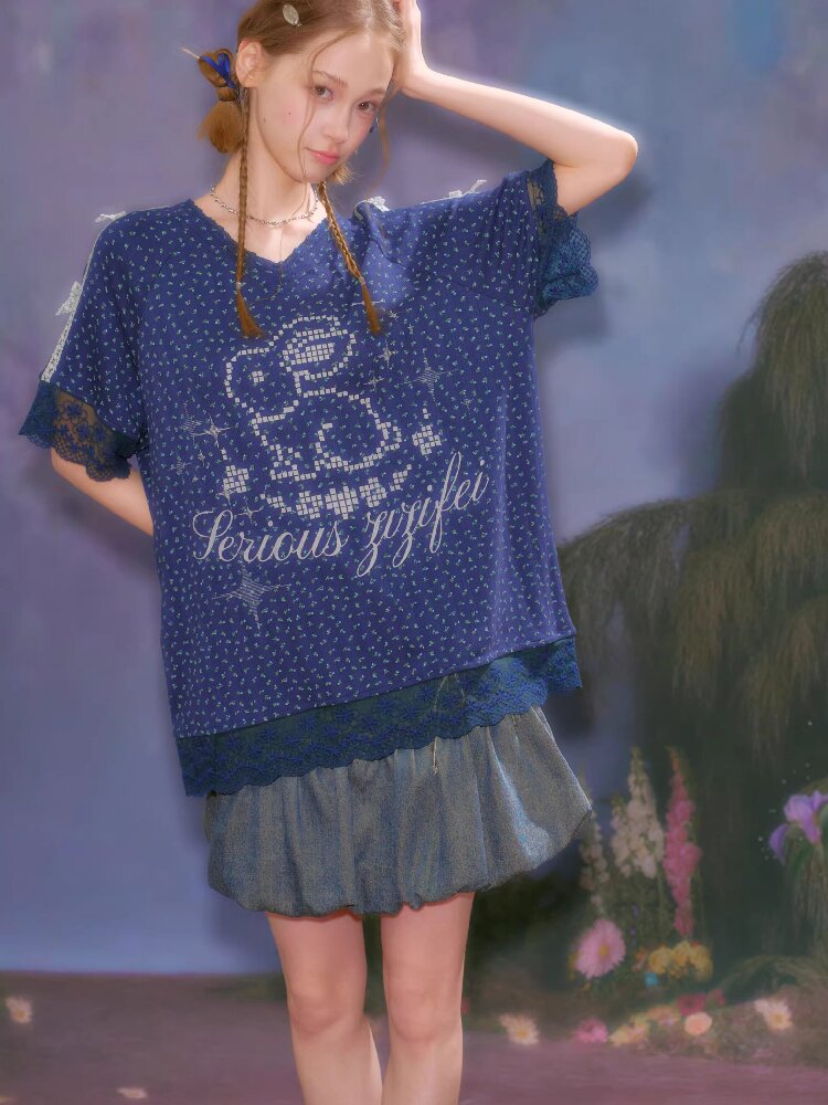 Dark Blue Rabbit Floral Lace T-Shirt【s0000016602】