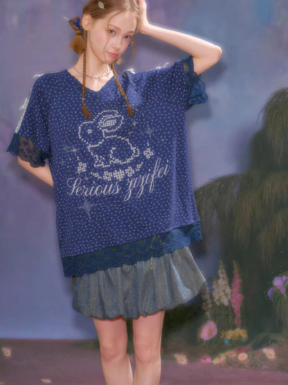 Dark Blue Rabbit Floral Lace T-Shirt【s0000016602】