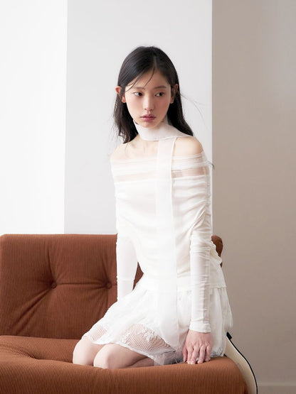 One Shoulder Top + Lace Embroidered Half Skirt【s0000011955】