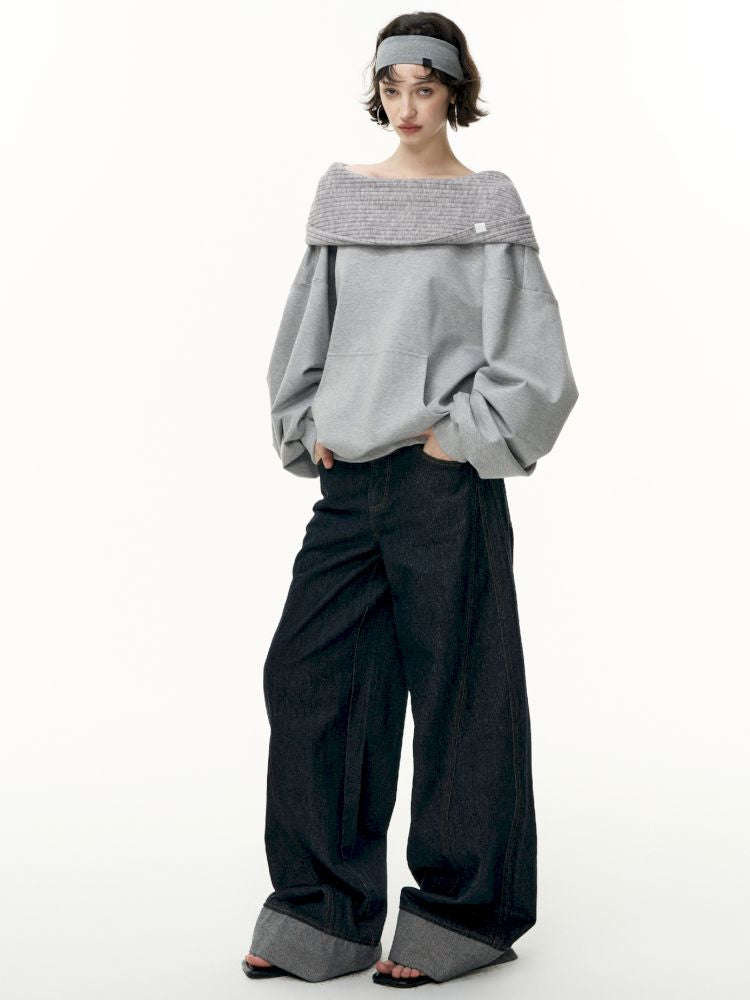 Ramped shoulder one-line collar loose pullover【s0000013735】