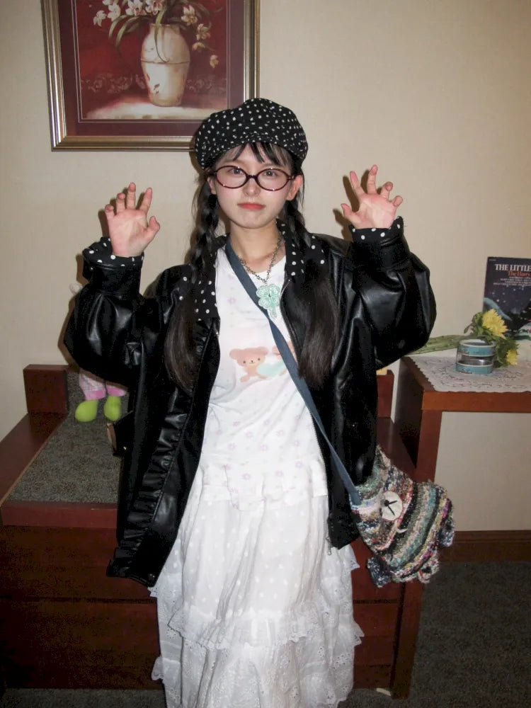 Lace-Trimmed Oversized Leather Jacket【s0000014167】