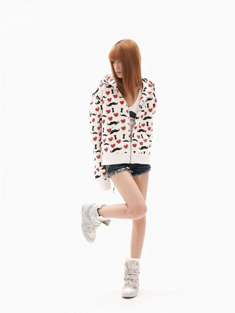 Heart Print Wide Zip Hoodie Jacket【s0000018354】