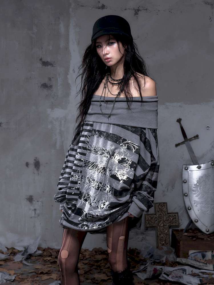 Striped Print Loose Bat Sleeve Dress【s0000014658】