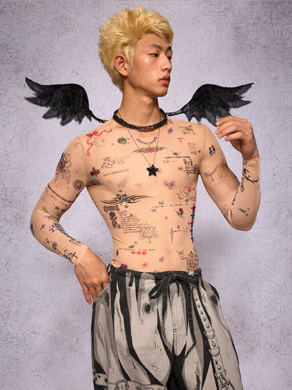 Manuscript Tattoo Print Long Sleeve Top【s0000018741】
