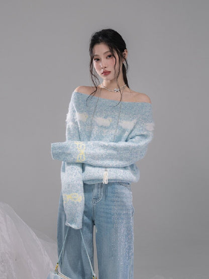 Blue One-Shoulder Jacquard Sweater【s0000015736】