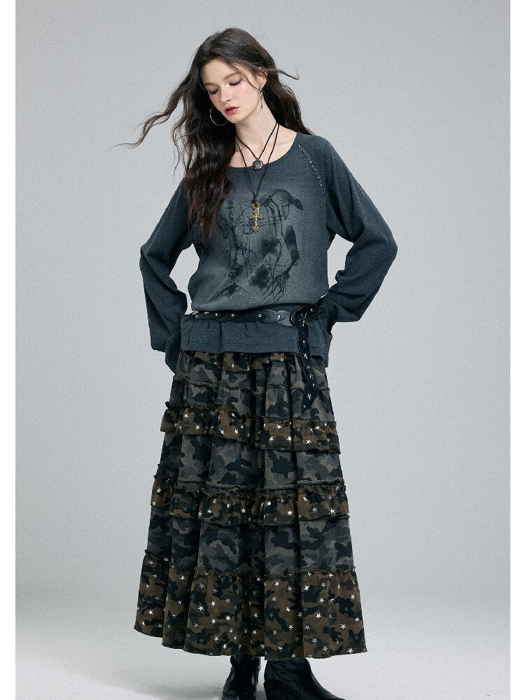 Washed Printed Rivet Knitted Top【s0000016261】