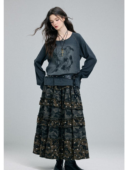 Washed Printed Rivet Knitted Top【s0000016261】