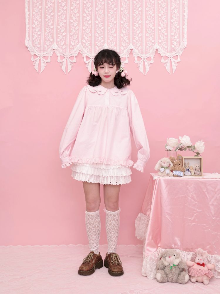 Doll Collar Zipper Neck Pink Lace Blouse【s0000013492】
