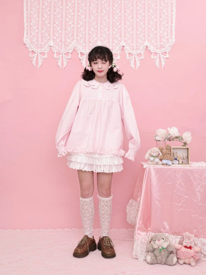 Doll Collar Zipper Neck Pink Lace Blouse【s0000013492】