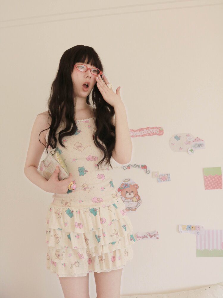 Cat Rose Print Cardigan Camisole Set【s0000017509】