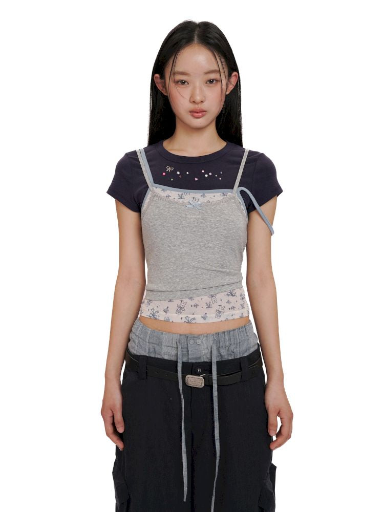 Lace satin bow short-sleeved T-shirt【s0000012504】