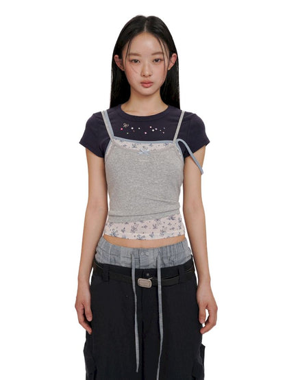 Lace satin bow short-sleeved T-shirt【s0000012504】