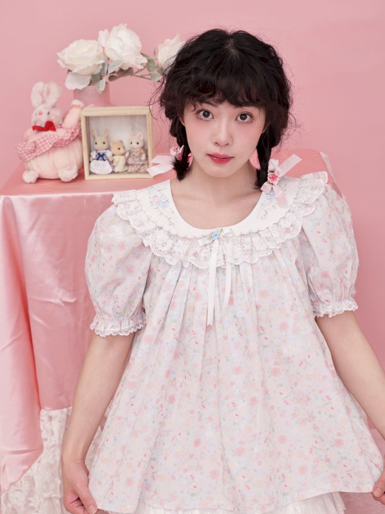 Rose pattern puff sleeve top【s0000012851】