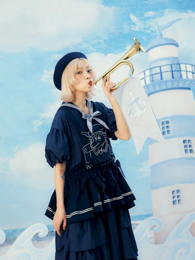 Navy Blue Layered Vest Apron【s0000014156】