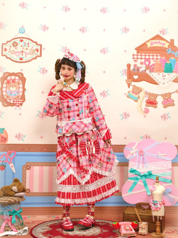 Red Pink Check Lace Skirt Blazer【s0000015574】