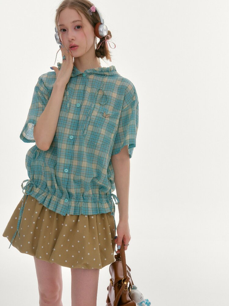 Ruffle Hem Hooded Plaid Shirt【s0000016619】
