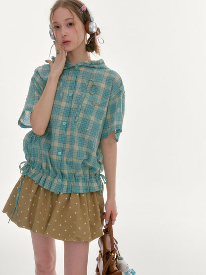 Ruffle Hem Hooded Plaid Shirt【s0000016619】