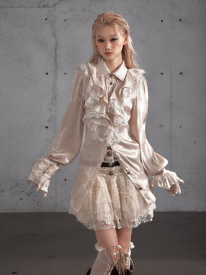 Ruffled Lace Satin Silk Shirt【s0000019157】