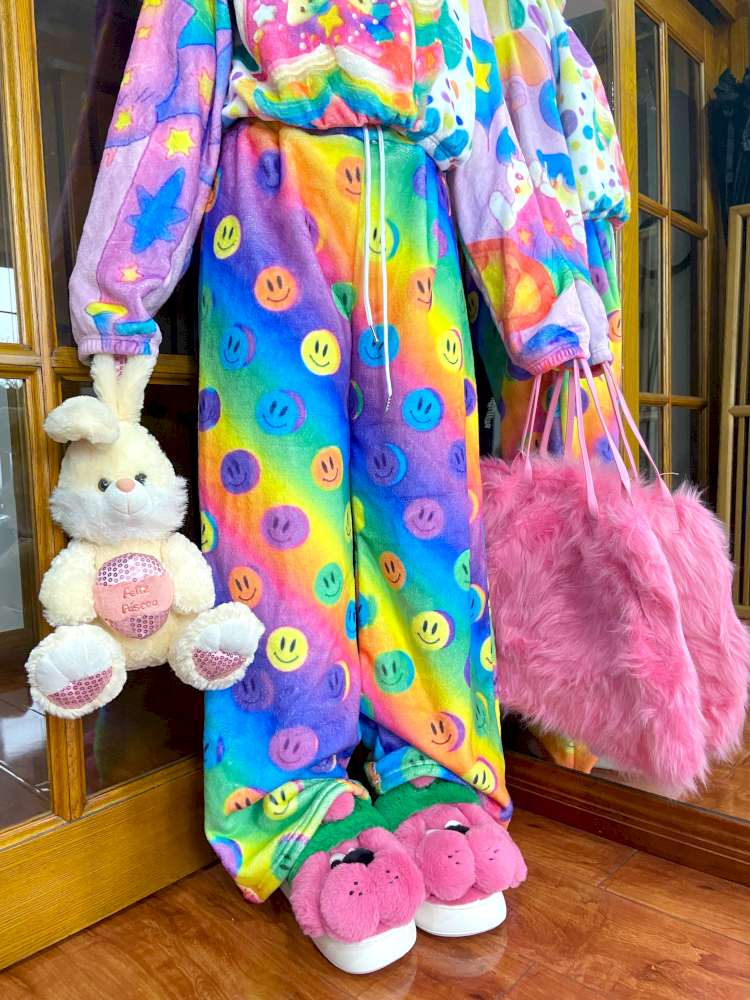Y2K Niche Color Smiley Face Fleece Slacks【s0000014635】