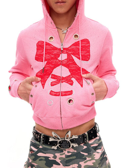 Lace Bow Rivet Distressed Jacket【s0000016495】