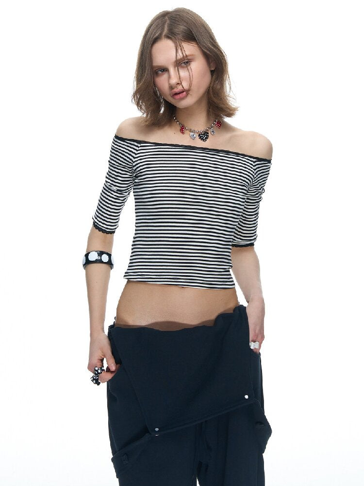 One Shoulder Striped Lace Bolero【s0000015884】
