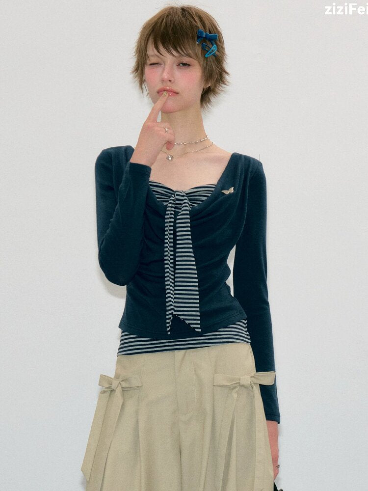 Striped Tie Knit Top Long Sleeve【s0000017880】