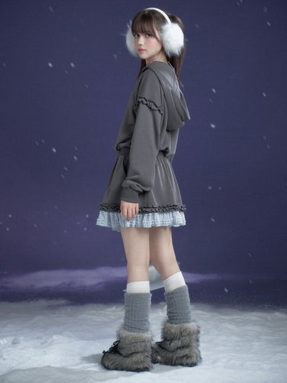 Gray Blue Print Lace Hoodie Dress【s0000015471】