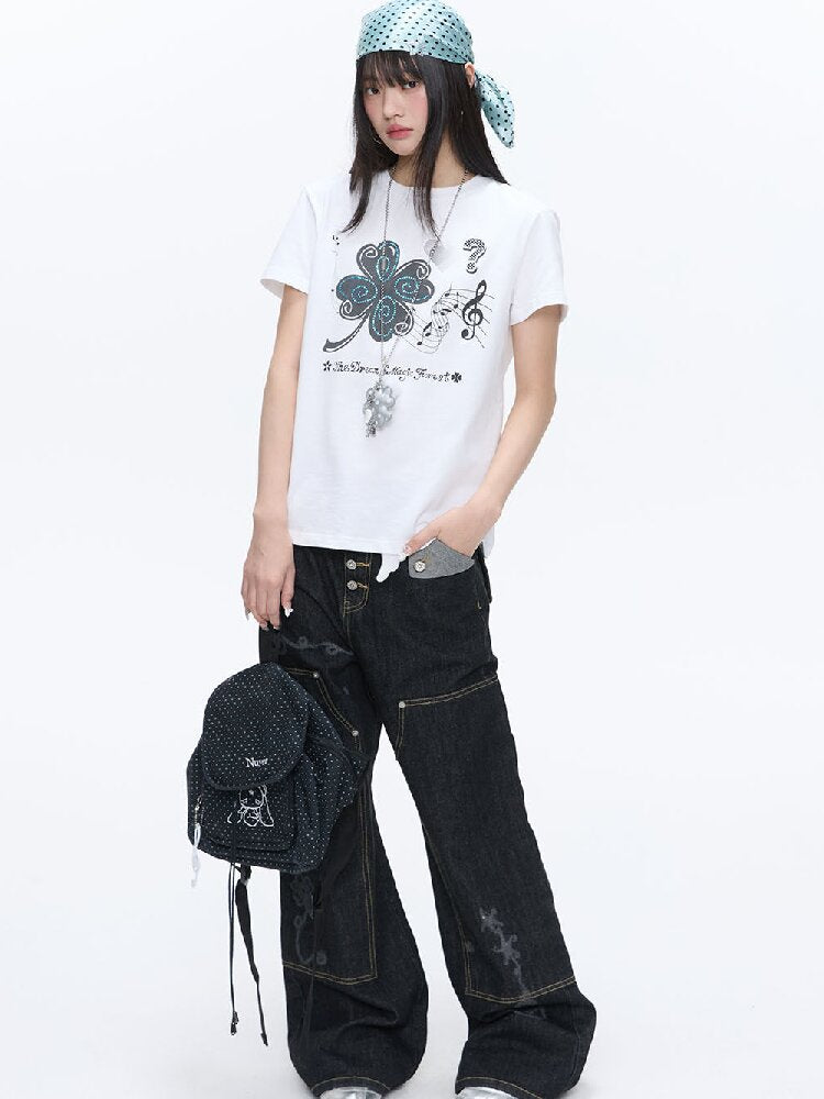 White Melody Shoulder Sleeve T-Shirt【s0000016381】
