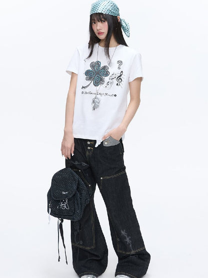 White Melody Shoulder Sleeve T-Shirt【s0000016381】
